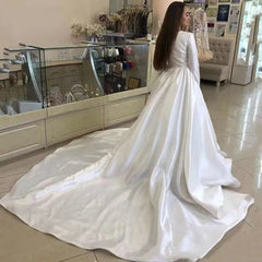 Prinzessin Brautkleider Satin Langarm Muslimischen Hochzeit Braut Kleider Lange Zug Weiß Brautkleid Vestido de novia 