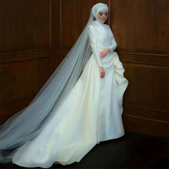 Graceful Satin Muslim Brudekjoler drapert havfrue brudekjoler elfenben arabisk Dubai dame kirke vestidos de noiva