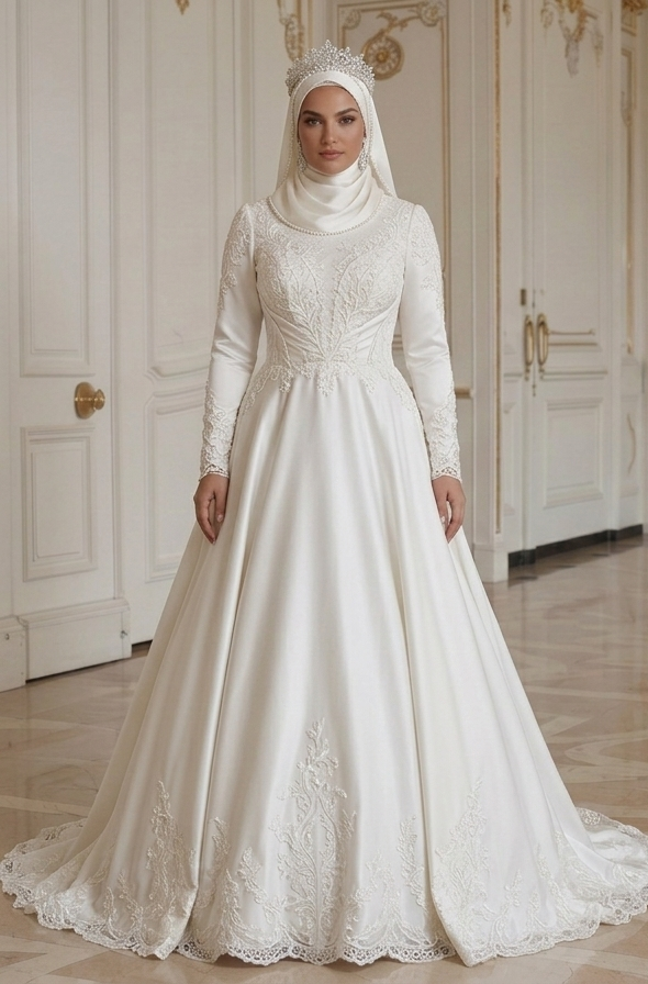 Vestido de Noiva Muçulmano para Noiva Curvilínea Estilo Modesto