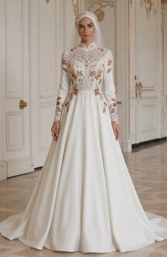 Muslimsk brudklänning för höstbröllop elegant spets