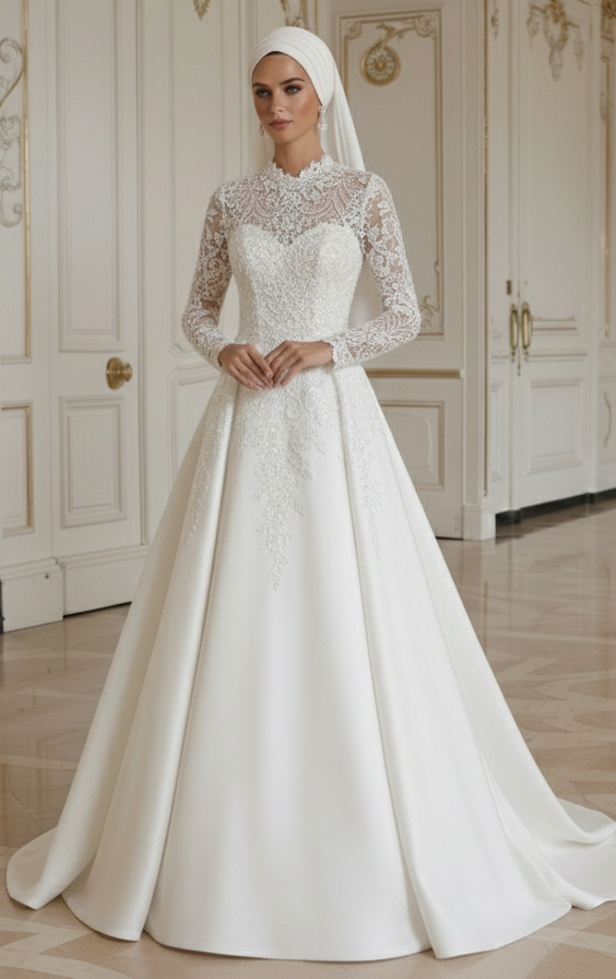 Vestido de Noiva Muçulmano para Noiva Alta Cauda Elegante