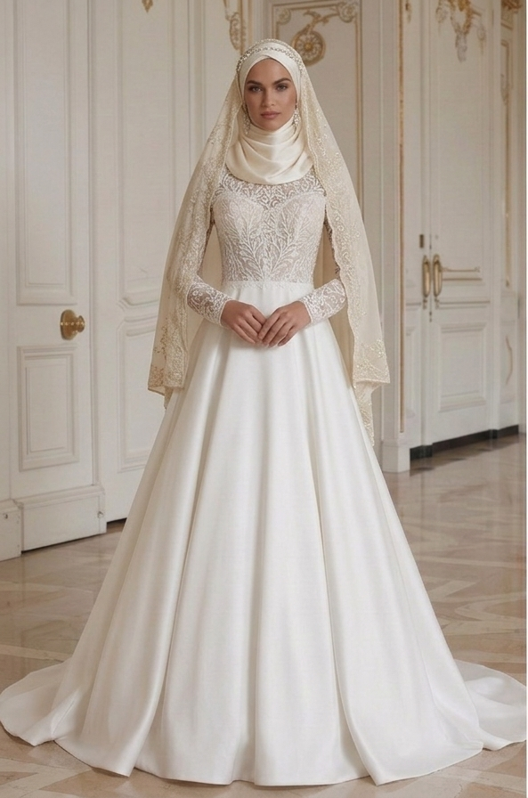 Muslimsk brudklänning för traditionell ceremoni, modest