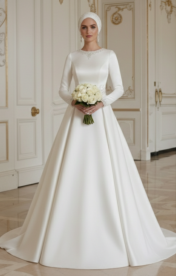 Muslimsk brudklänning i satin med lång ärm, elegant