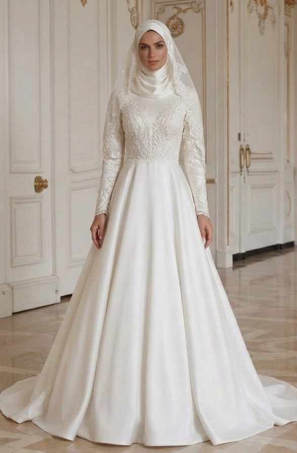 Rochie de mireasă musulmană atemporală, elegantă, rochie islamică de mireasă