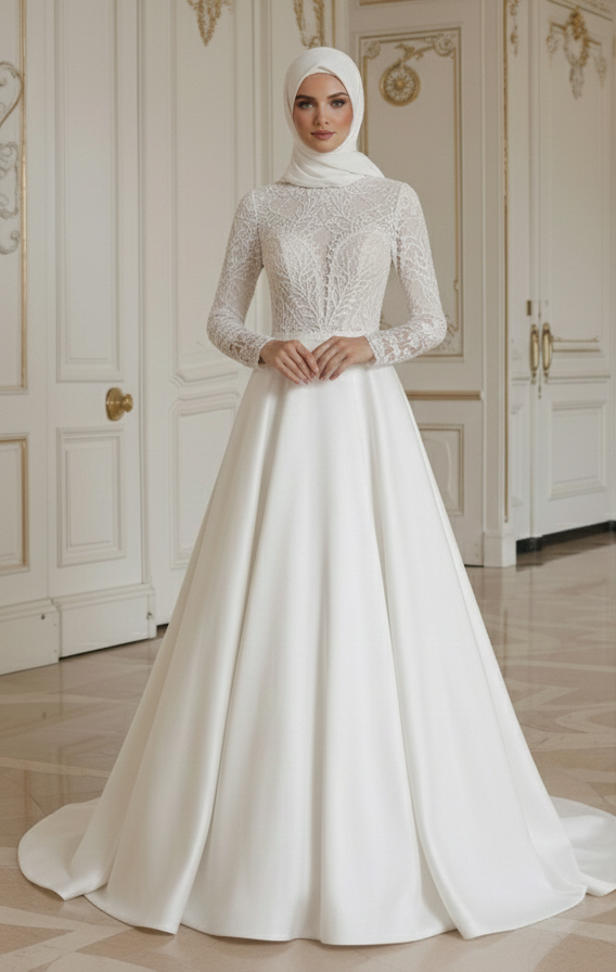 Vestido de Noiva Muçulmano com Corte Modesto em Linha A