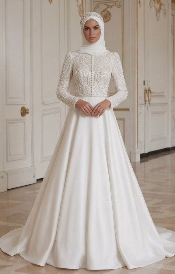 Rochie de mireasă musulmană cu nasturi clasici de mireasă