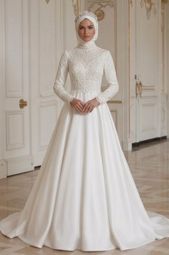 Vestido de Noiva Muçulmano com Gola Fechada Estilo Nupcial