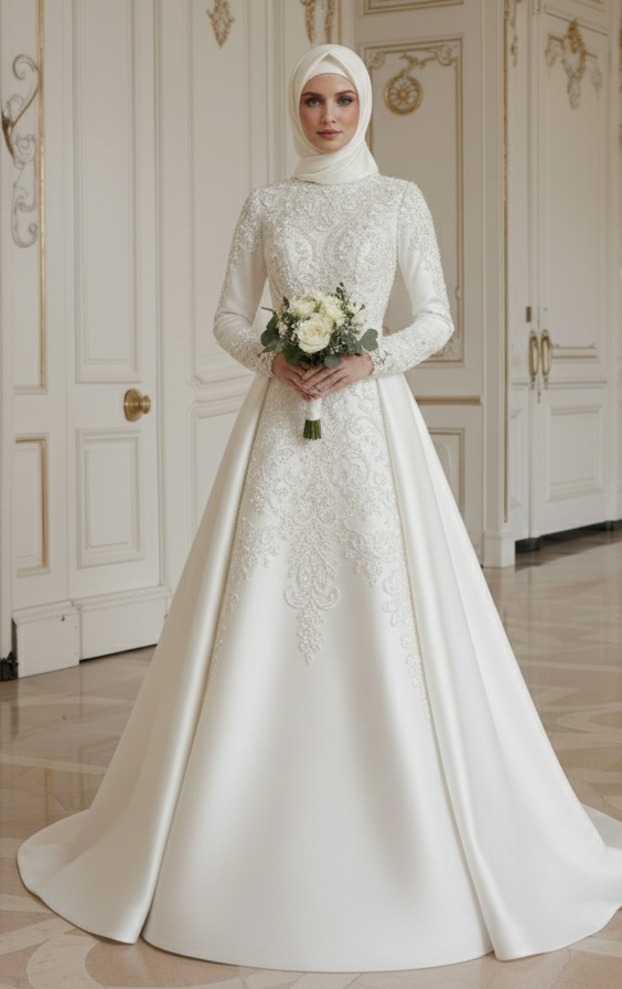 Rochie de mireasă musulmană cu detaliu elegant cu perle