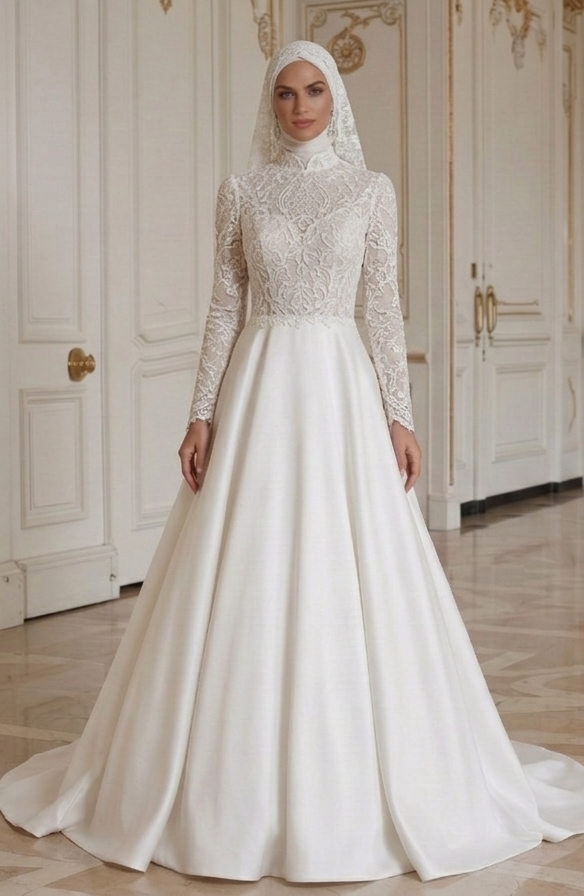 Rochie de Mireasă Musulmană cu Siluetă Feminină și Modestă