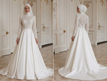 Rochie de Mireasă Musulmană cu Siluetă Feminină și Modestă