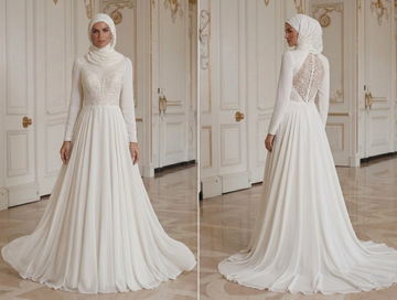 Vestido de Noiva Muçulmano com Tecido Fluído de Chiffon