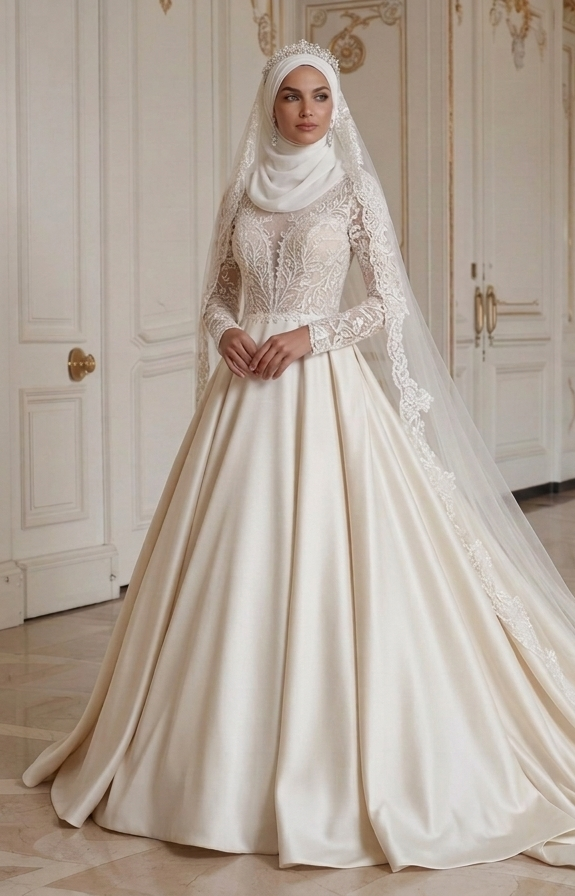 Rochie de Mireasă Musulmană cu Trenă Fluidă