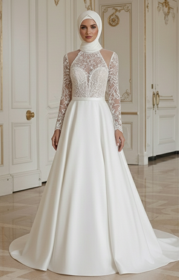 Vestido de Noiva Muçulmano com Decote Halter Elegante