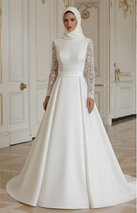 Vestido de Noiva Muçulmano com Cintura Alta Estilo Modesto