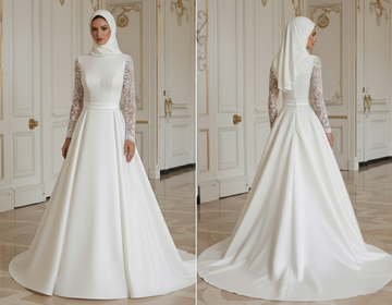 Abito da Sposa Musulmano con Vita Alta Stile Modesto