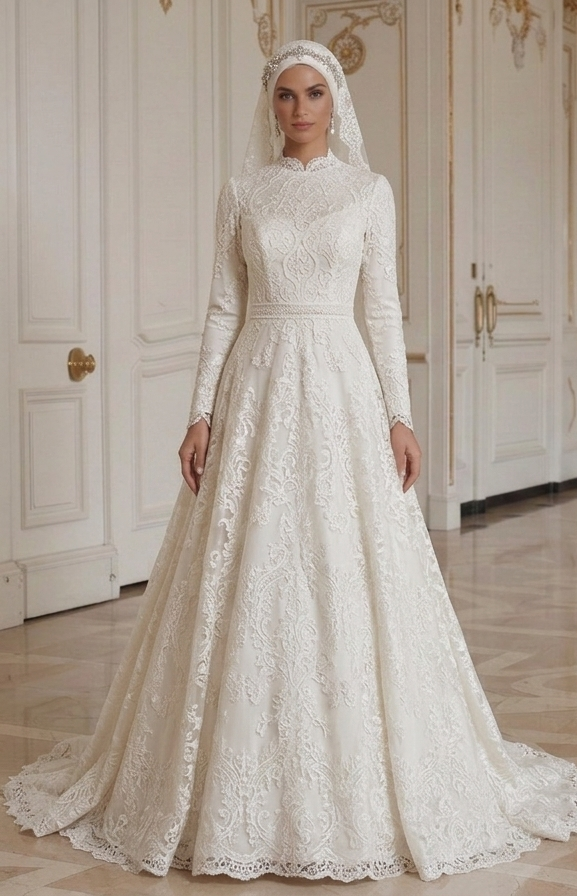 Rochie de Mireasă Musulmană cu Aplicatie de Dantelă