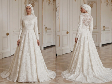 Rochie de Mireasă Musulmană cu Aplicatie de Dantelă