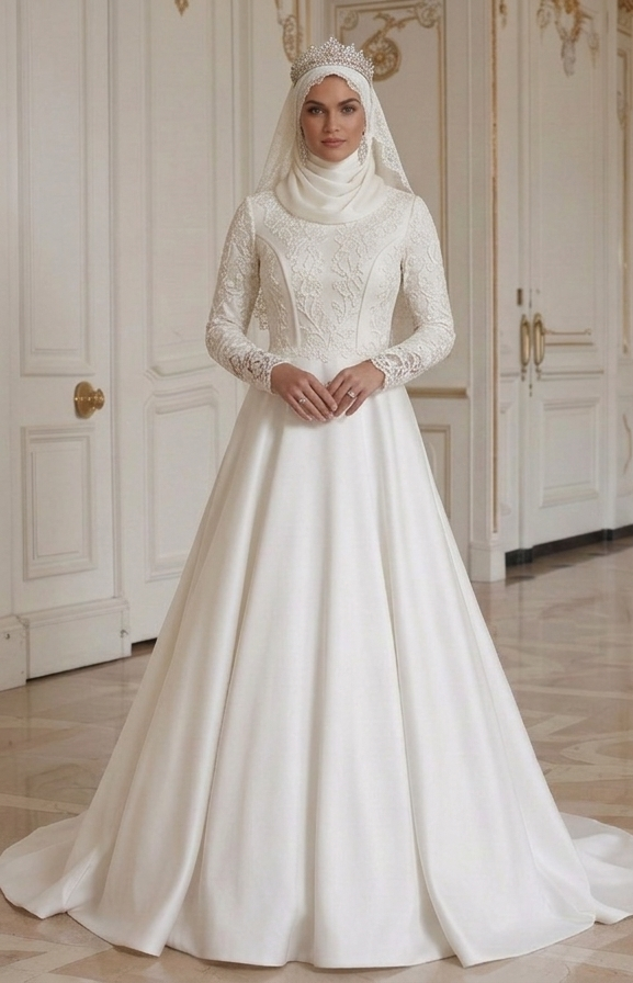 Vestido de Noiva Muçulmano com Detalhe de Manga em Renda