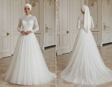 Vestido de Noiva Muçulmano com Tule em Camadas Modesto