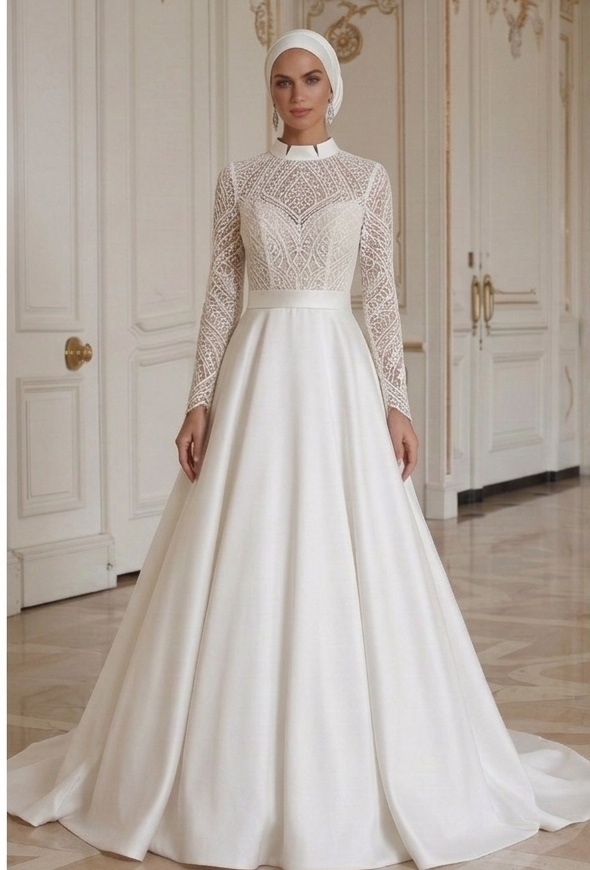 Rochie de mireasă musulmană cu decolteu modern și curat