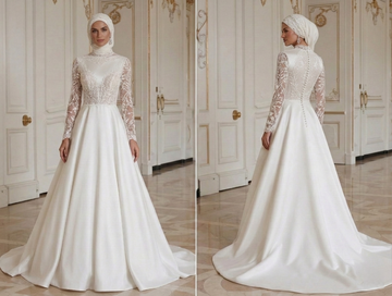 Muslimsk brudklänning med modest illusion halsringning