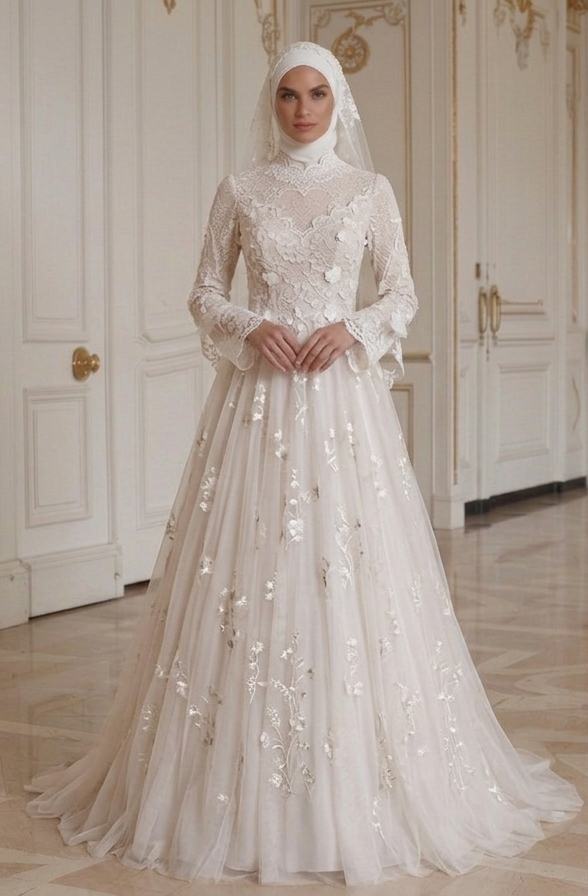 Rochie de mireasă musulmană cu stil romantic din dantelă