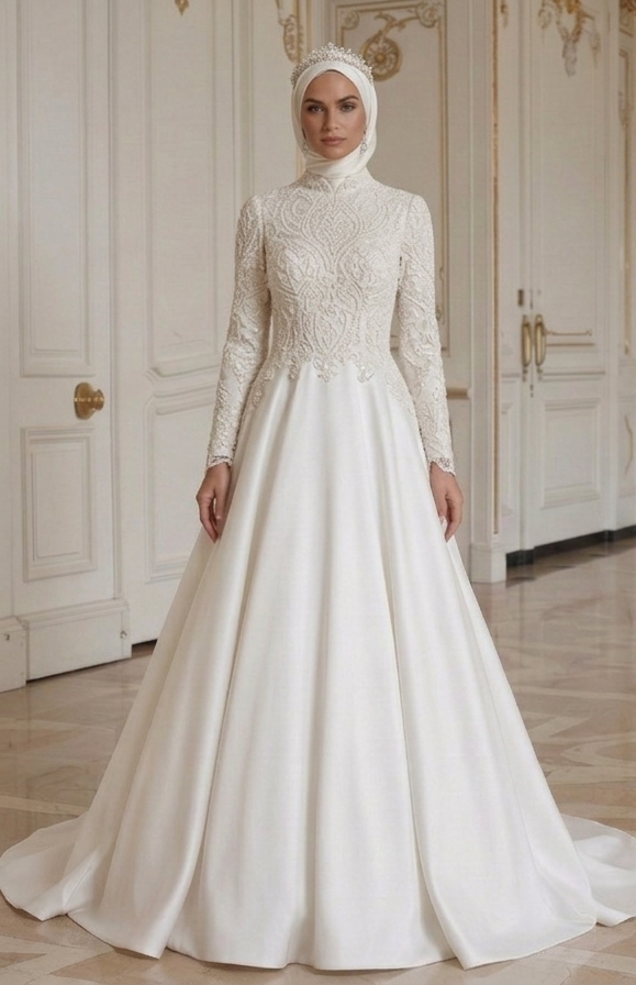 Vestido de Noiva Muçulmano com Cauda Estilo Real