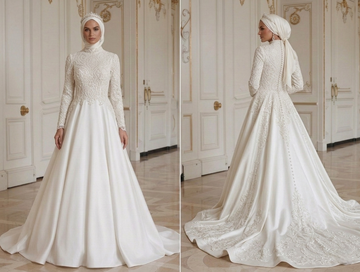 Rochie de Mireasă Musulmană cu Trenă Stil Regal