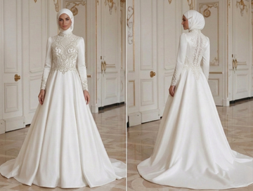 Vestido de Noiva Muçulmano com Corpete Esculpido Ajustado