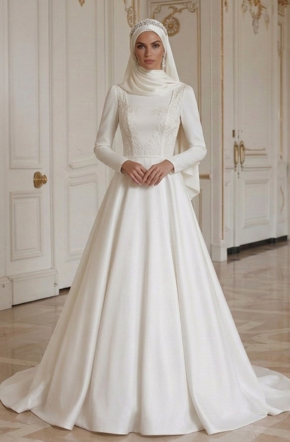 Vestido de Noiva Muçulmano com Decote Quadrado Modesto
