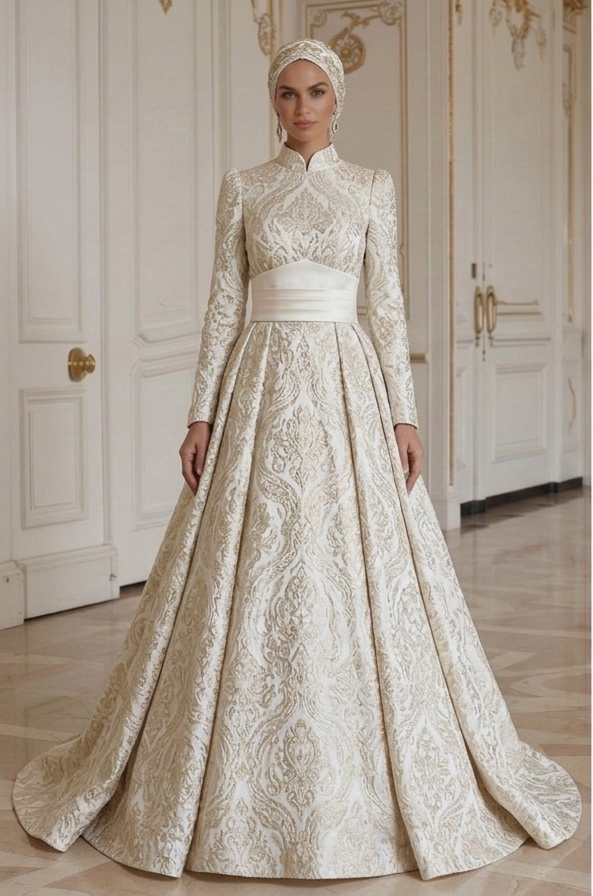 Rochie de Mireasă Musulmană cu Talie Structurată