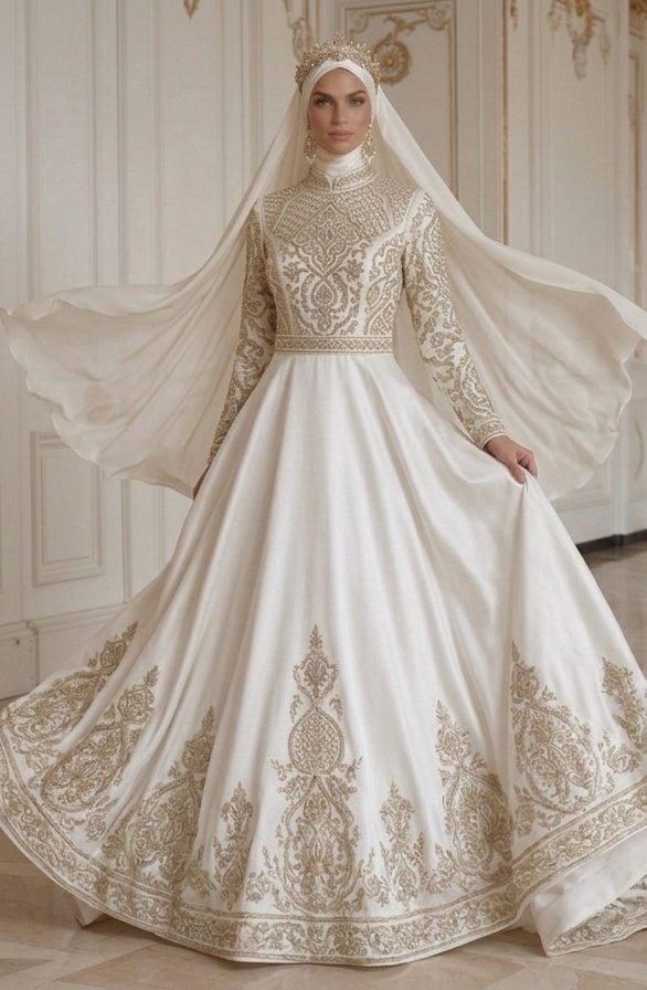 Rochie de mireasă musulmană cu stil tradițional islamic