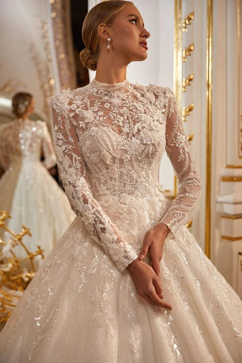 Modest High Collar Long Sleeve Wedding Dress Sparkly Sequins Beads Dress For Bride Luxury A-line Long Bridal Gown Robe De Mariée MULTI
