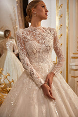 Robe de mariée à manches longues modestes à collier long à manches longues Robe de perles de paillettes scintillantes pour la mariée luxe A-Line Long Bridal Bridal Robe de Mariée