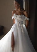 Beach Wedding Dresses Sexy Leg Slit A-line Wedding Gown Appliques Short sleeve Bridal Gowns Plus size Vestidos De Fiesta