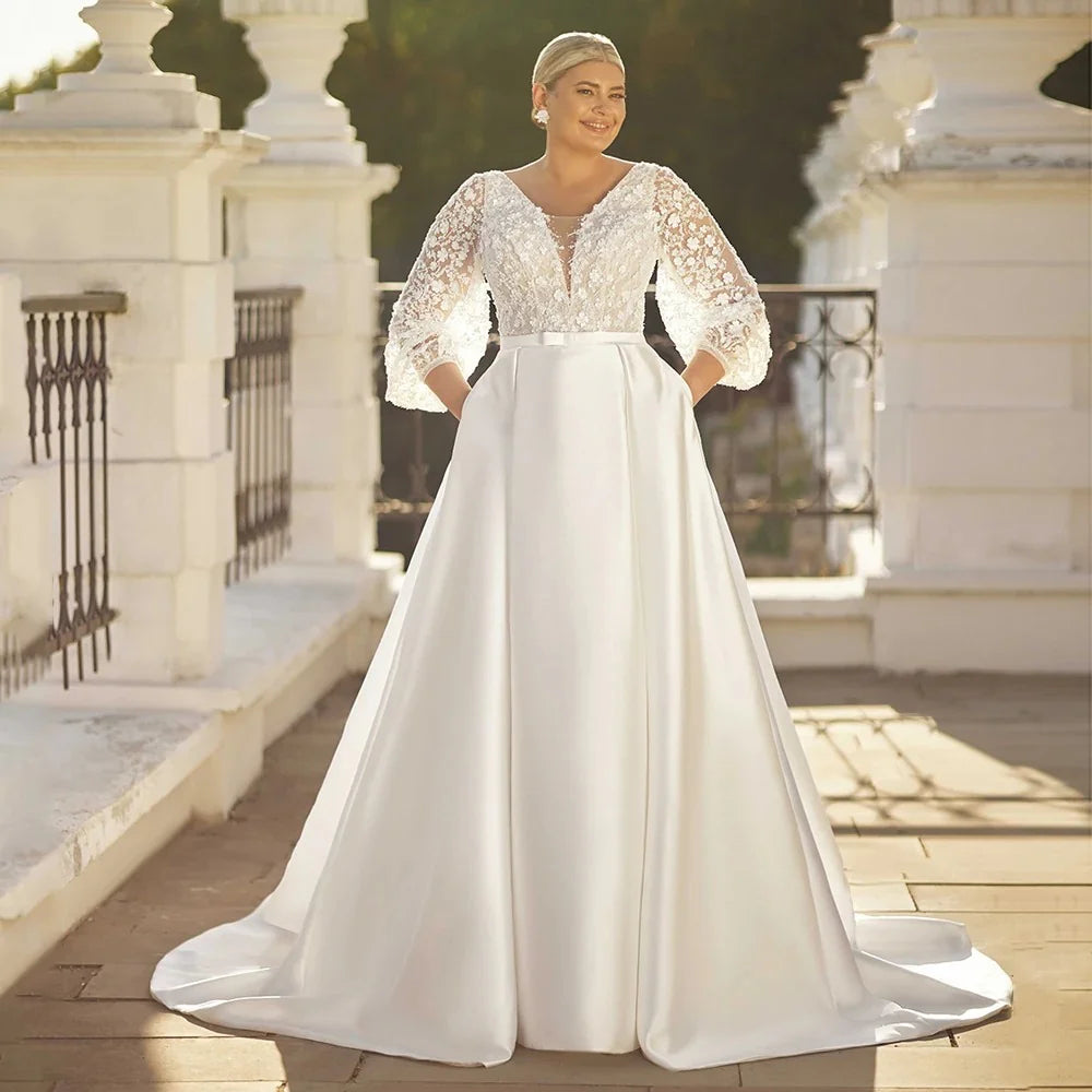 Plus Size Wedding Dresses Classic Satin Bridal Dresses Puff Sleeves V Neck Beading Sequined A Line Bride Gown with Pockets