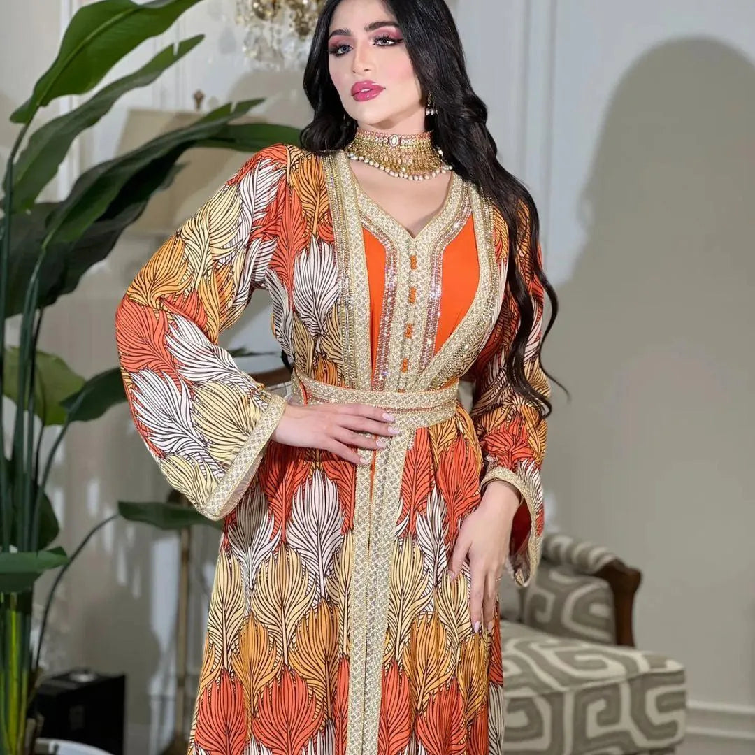 Gorgeous Party Evening Dresses Set for Women Muslim Chic Rhinestone Tape Trim V Neck Long Sleeve Jalabiya and Kimono Abaya 2pcs Orange Dress