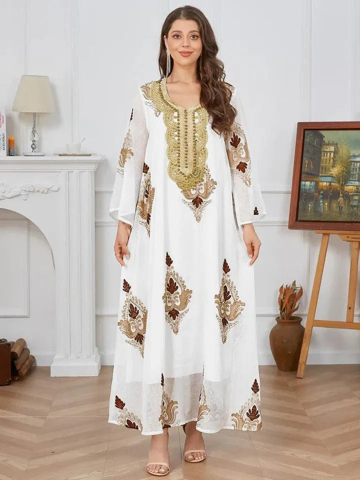 Fashion White Casual Beading Floral Embroidery Evening Party Dress Long Sleeve O-Neck Loose Abaya Moroccan Gulf Women White Dress
