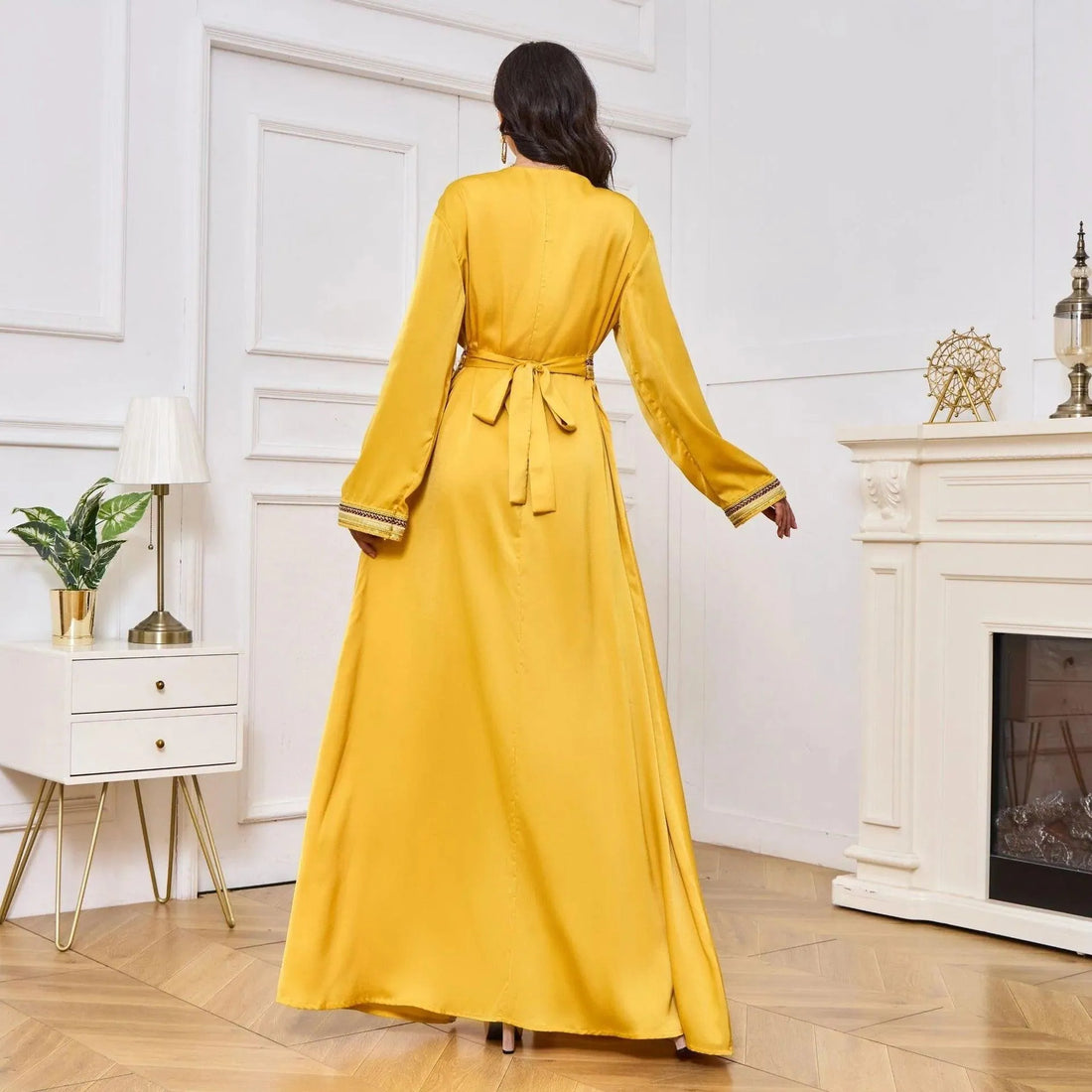 Fashion Basic Solid Moroccan Kaftan For Women Tape Trim Diamonds V-Neck Full Sleeve Sashes Elegant Chic Female Dresses Yellow Dress