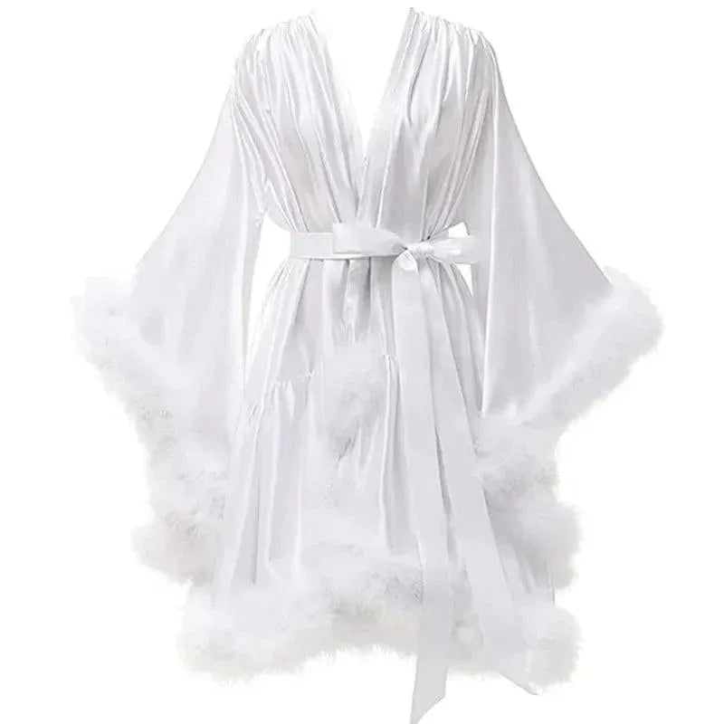 Ostrich Feathers Women Lingerie Fur Robe Luxury Silk Prom Dress Party Gowns Sexy Evening Elegant Dress