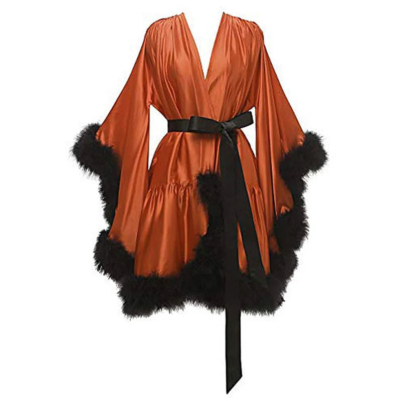 Ostrich Feathers Good Quality in Stock Women Lingerie Fur Robe Luxury Silk Prom Dress Party Gowns Sexy Evening Elegant Dress Sarah Houston