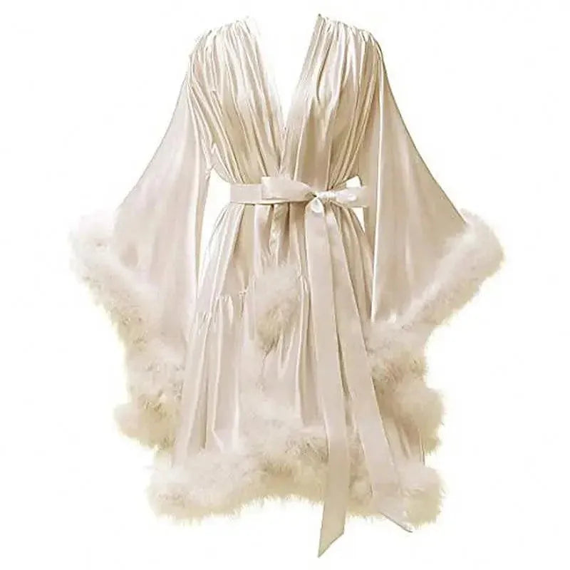 Ostrich Feathers Women Lingerie Fur Robe Luxury Silk Prom Dress Party Gowns Sexy Evening Elegant Dress