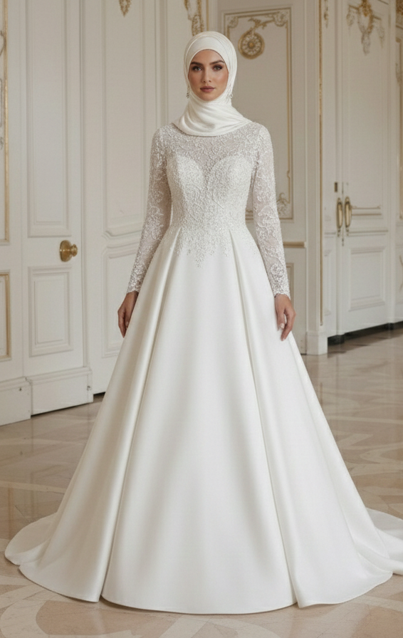 Vestido de Noiva Muçulmano Petite Elegante e Modesto