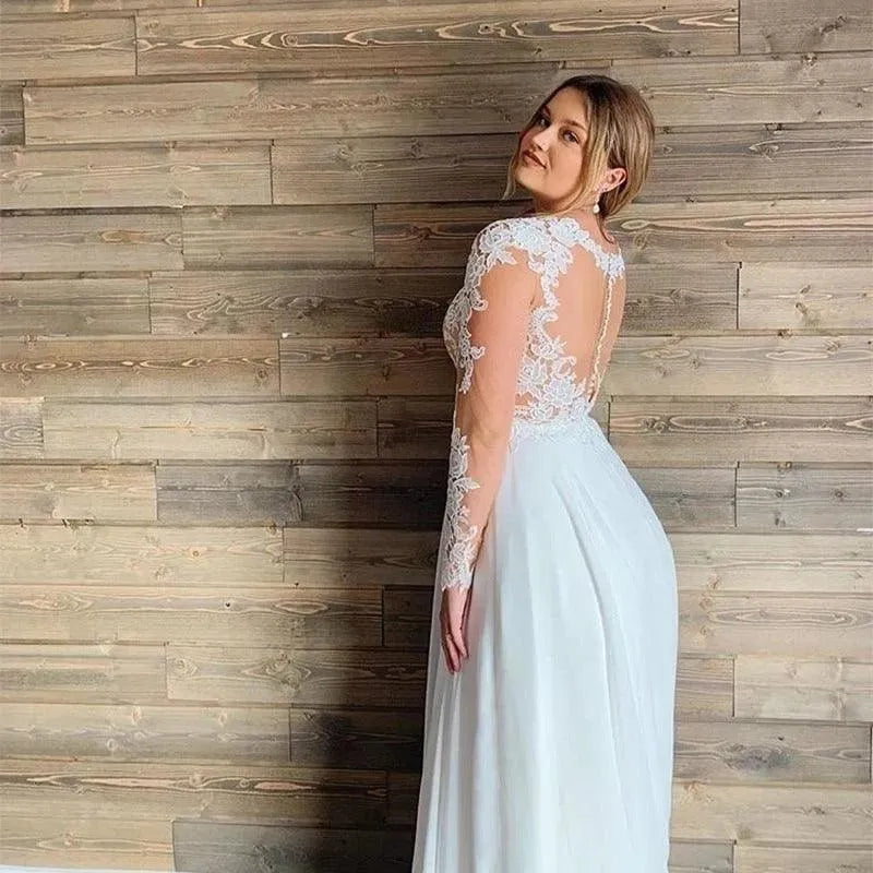 Plus Size Chiffon Wedding Dresses Sheer Lace Long Sleeves Robe De Mariée Bohème Appliques V-Neck Bridal Gowns Civil Ivory