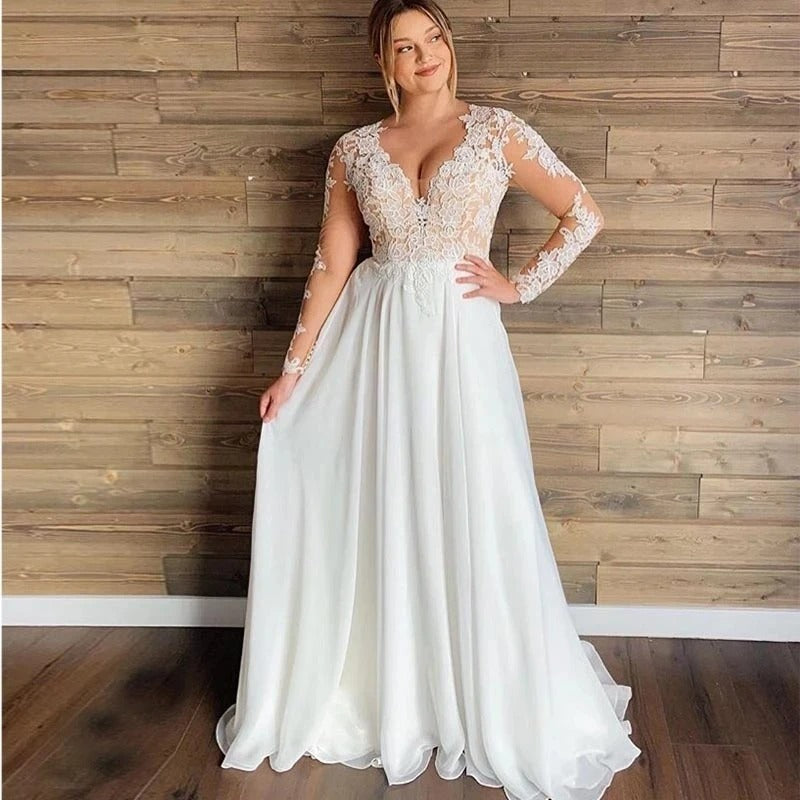 Plus Size Chiffon Wedding Dresses Sheer Lace Long Sleeves Robe De Mariée Bohème Appliques V-Neck Bridal Gowns Civil