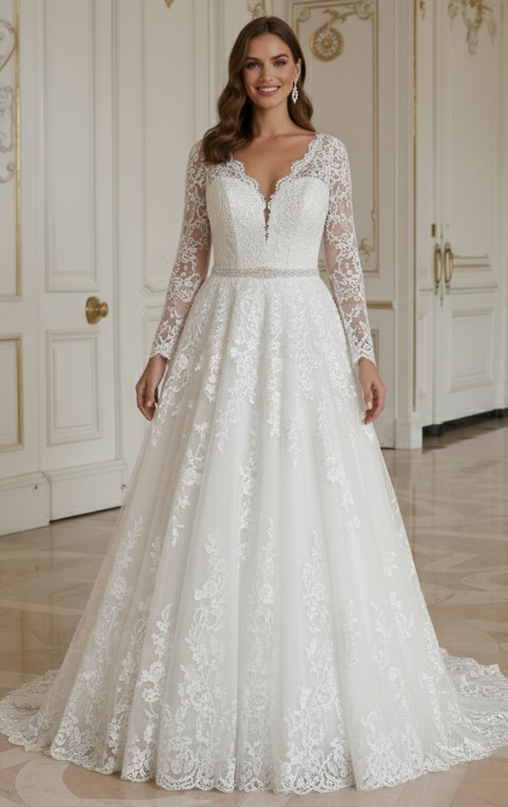 Rochie de mireasă din dantelă pentru mărimi mari, croială avantajoasă