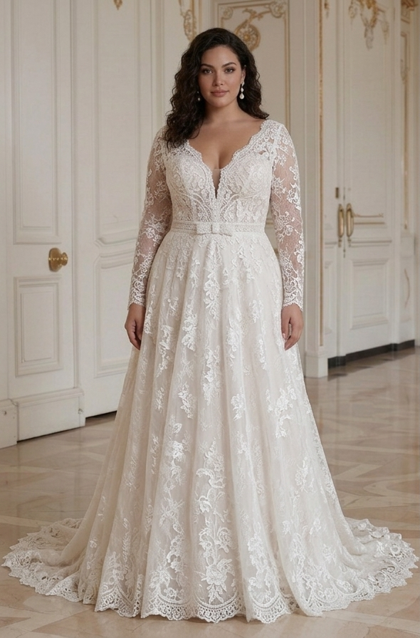 Bruidsjurk in grote maten met kant Plus Size Bruidsjurk