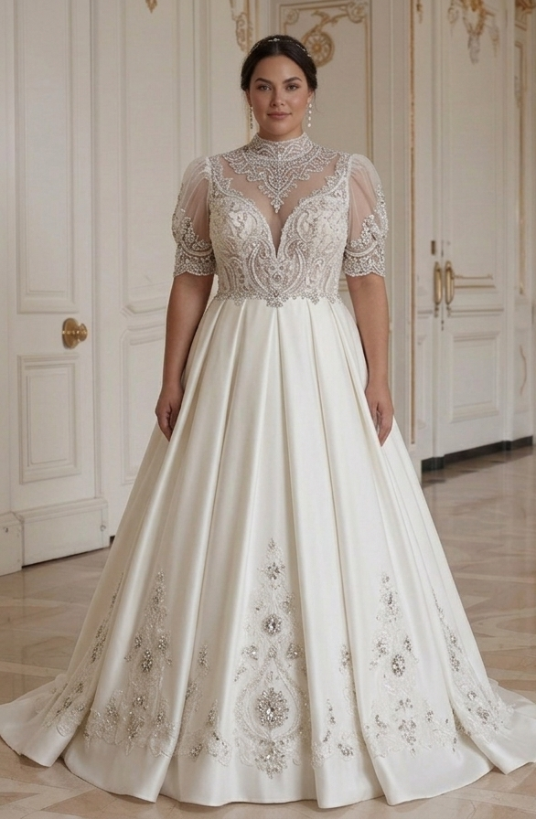 Bruidsjurk in grote maten met kristaldetails
