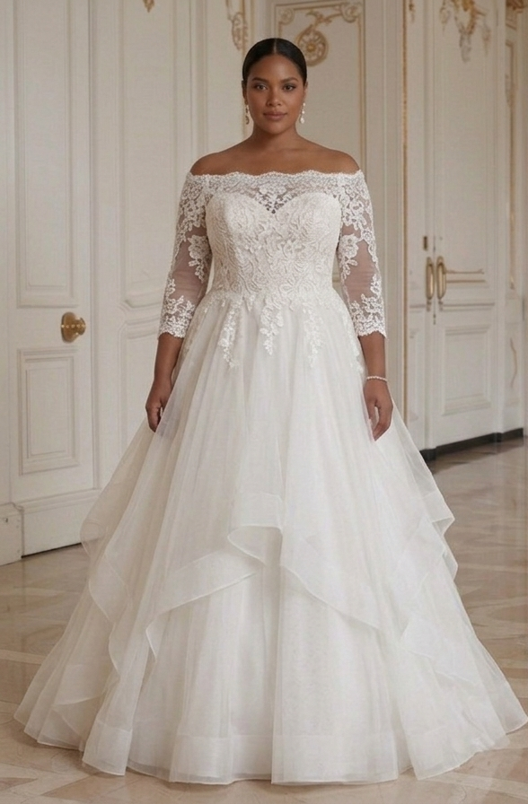 Bruidsjurk in grote maten met off-shoulder ontwerp