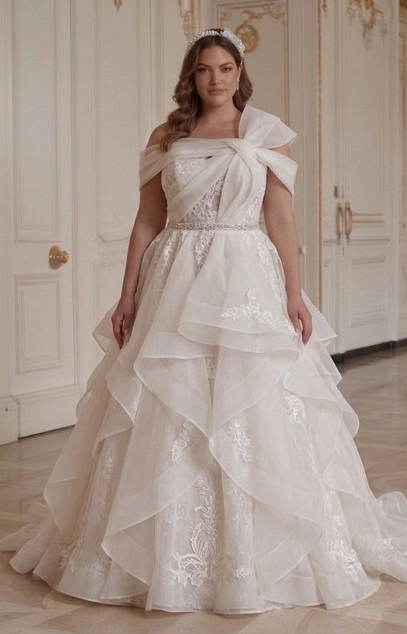 Trouwjurk in grote maten met organza bruidsstijl